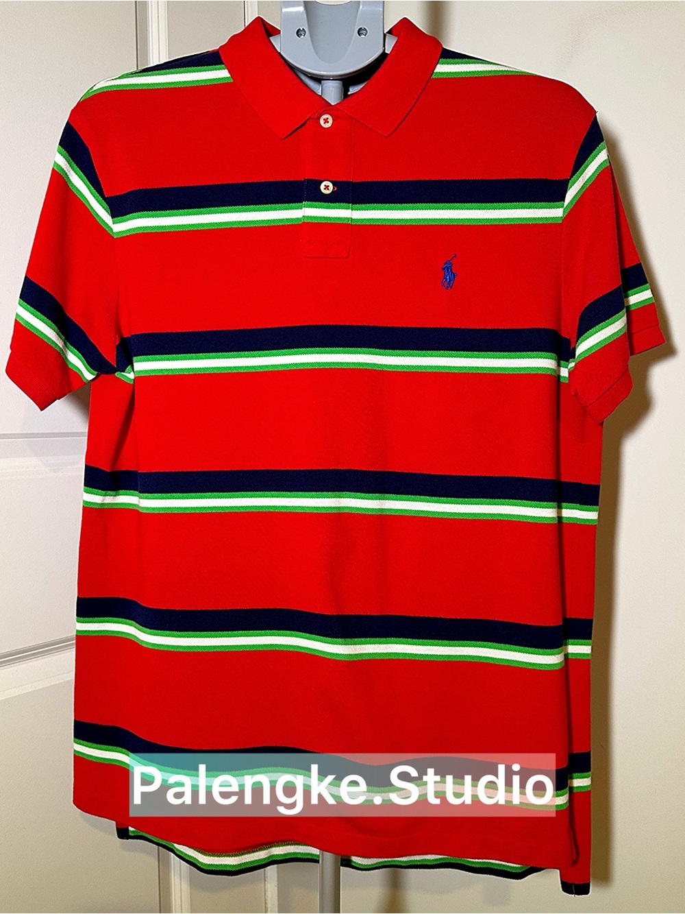 Ralph Lauren Red Polo with Navy and Lime Green Stripes
